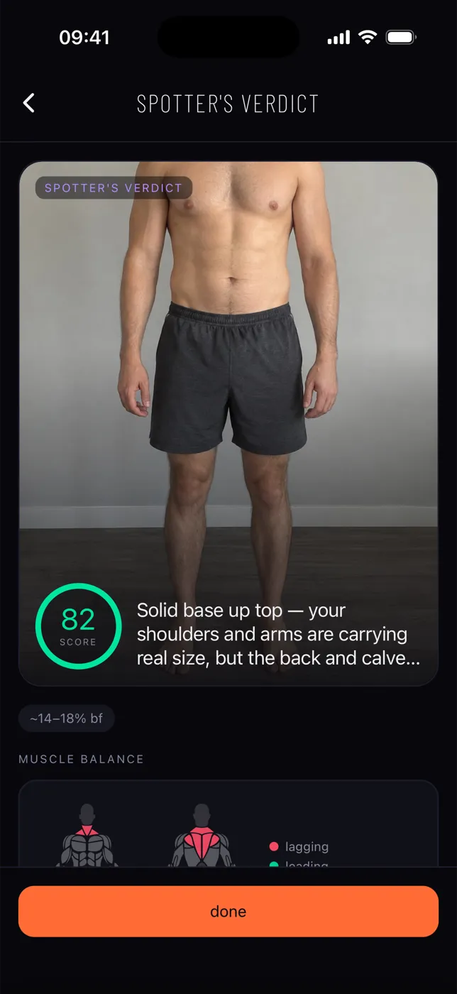 Liftcue app — Spotter's eye verdict — score, body-fat range, muscle balance (sample photos)