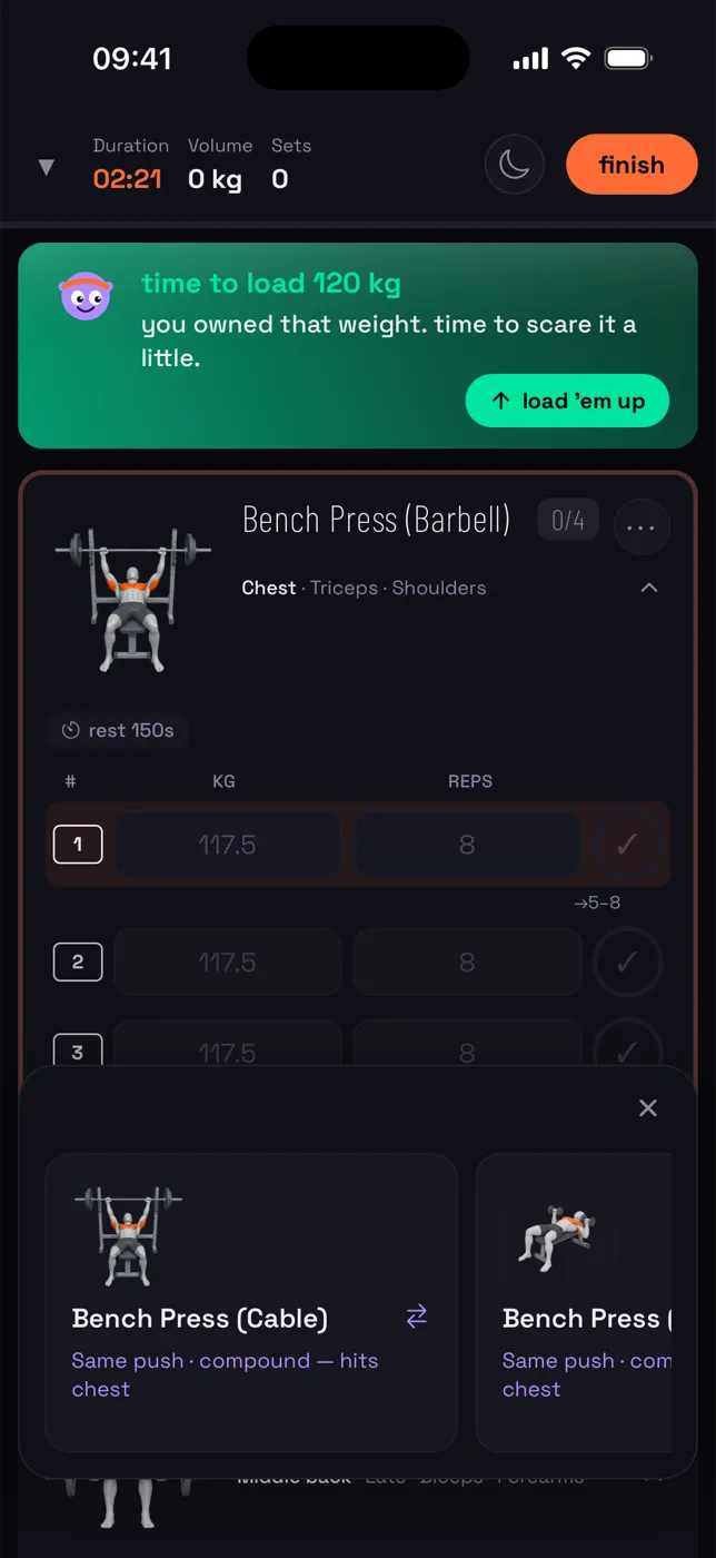 Liftcue app — Swap sheet — alternatives that train the same muscles, one tap to switch