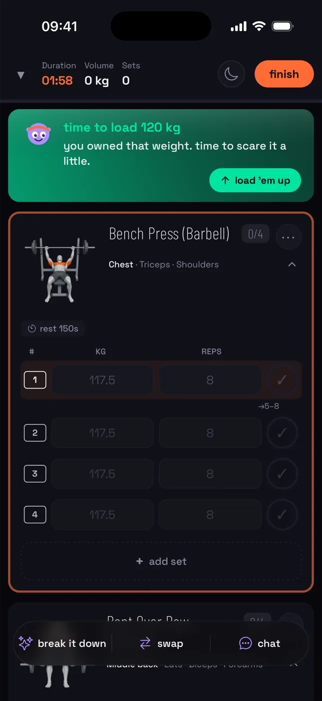 Liftcue — mid-workout, Spotter calls the next weight: time to load 120 kg
