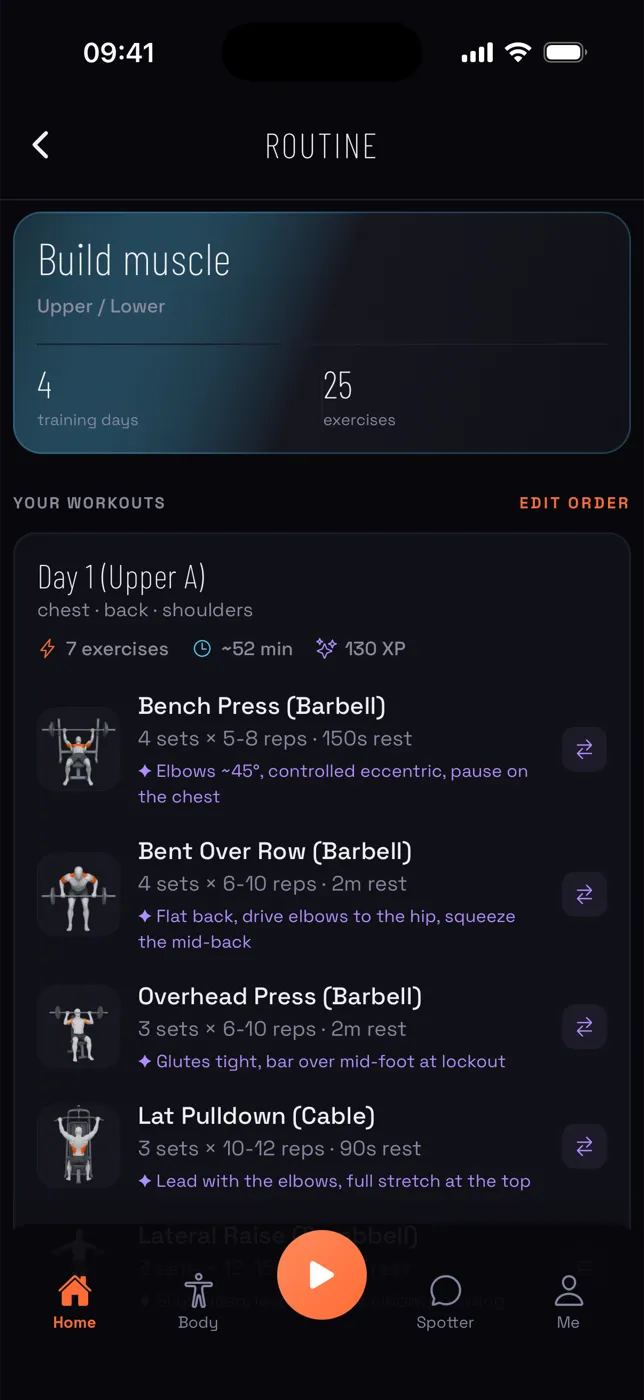 Liftcue app — Routine — Upper A, exercise images, sets/reps and a coaching cue per lift