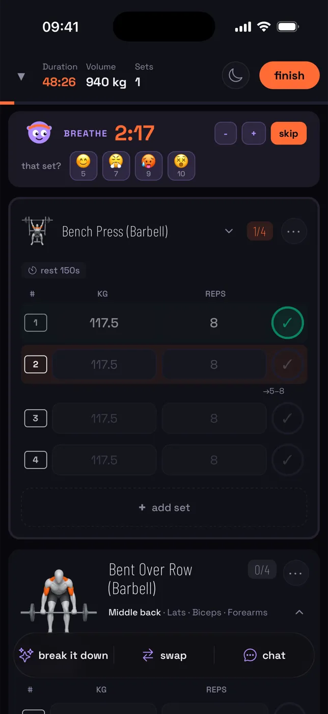 Liftcue app — Set logged — rest timer with the mascot and the "that set?" effort check